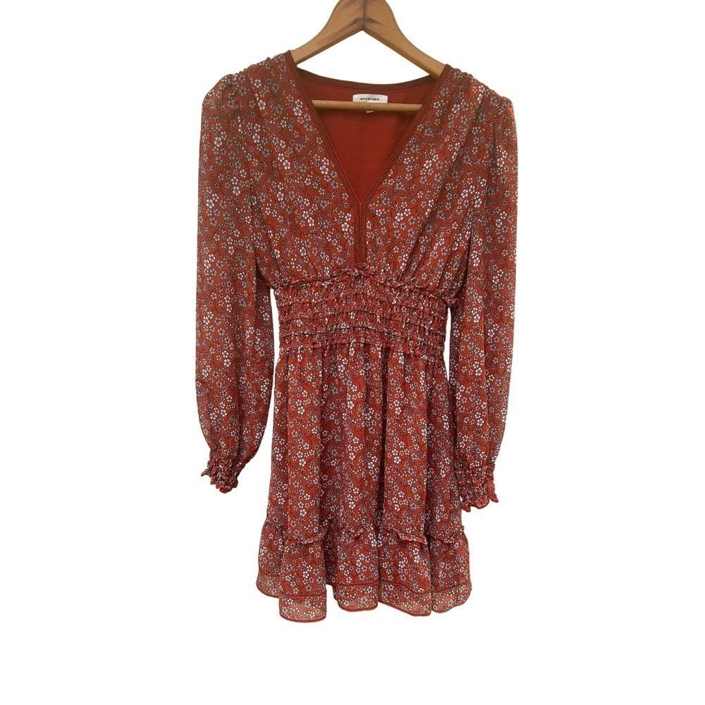 Max Studio Dress XS Red Floral Long Sleeve V Neck Ruffle Mini